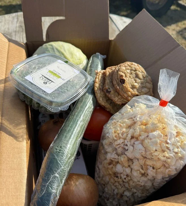 A cardboard box filled with various groceries including blueberries, lettuce, cucumber, red onion, and apples.